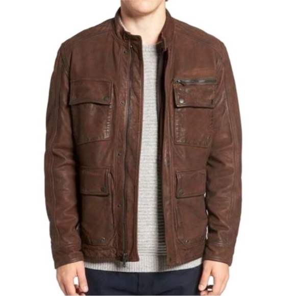 Lucky Brand Manx Cafe Racer Brown Leather Biker Moto Jacket Men's Size S - Picture 1 of 13